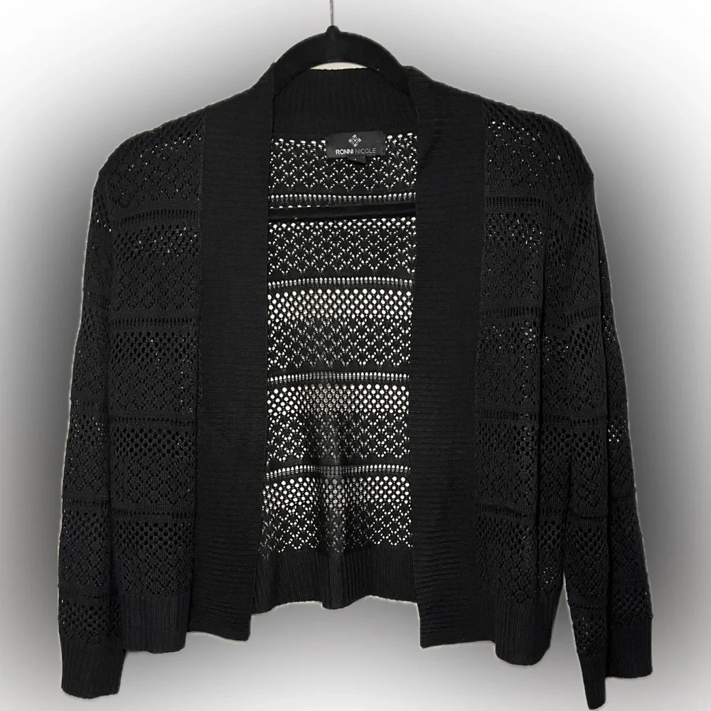 Ronni Nicole Black Crochet Stripe detailed shrug, Witchy, Whimsigoth,  Size L